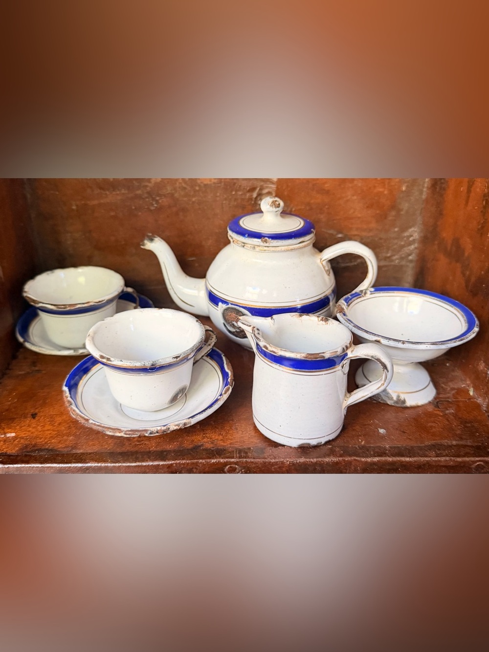 Vintage German Enamelware Childs Tea set for 2, unique vintage Patina, preloved!